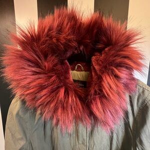Brave Soul London Parka Jacket Olive Green Maroon Hooded Faux Fur; 20UK/14US